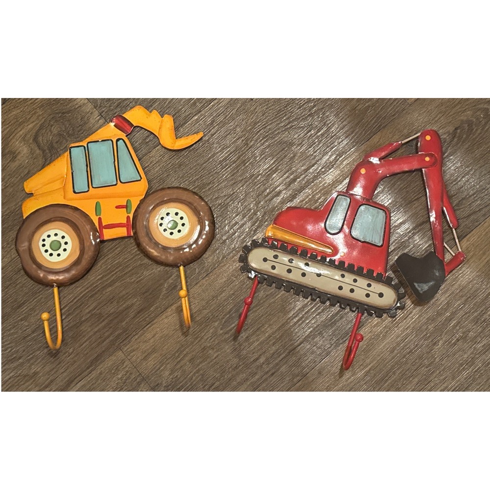 Construction Vehicle Metal Wall Hooks Set Excavator Backhoe Kids Room Decor 2pc